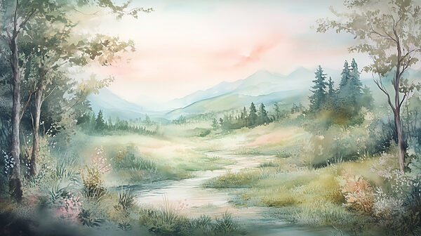Pintura a aguarela de um rio que atravessa um vale Pintura a aguarela de um rio que atravessa um vale