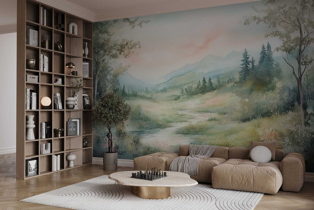 Watercolor painting of a river running through a valley