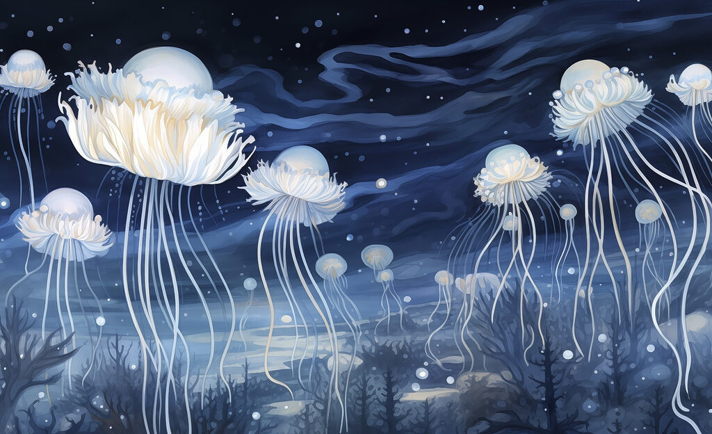 Grupo de medusas sob o céu noturno Grupo de medusas sob o céu noturno