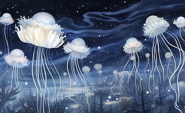Grupo de medusas sob o céu noturno Grupo de medusas sob o céu noturno
