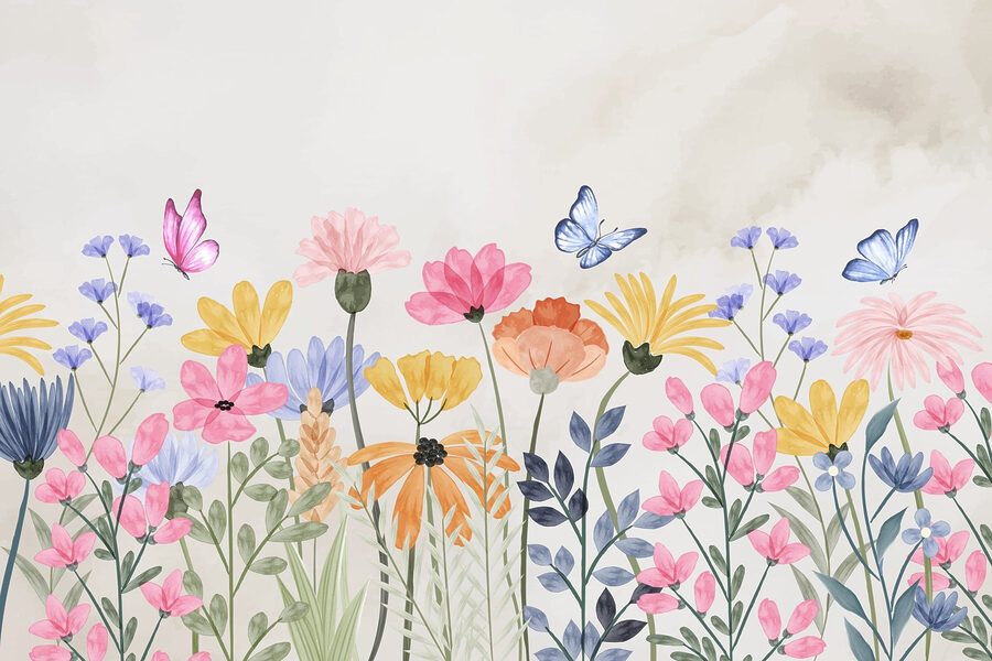 Papel de parede Pintura de flores e borboletas - Image 3