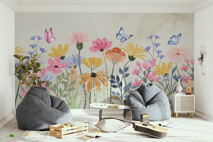 Papel de parede Pintura de flores e borboletas