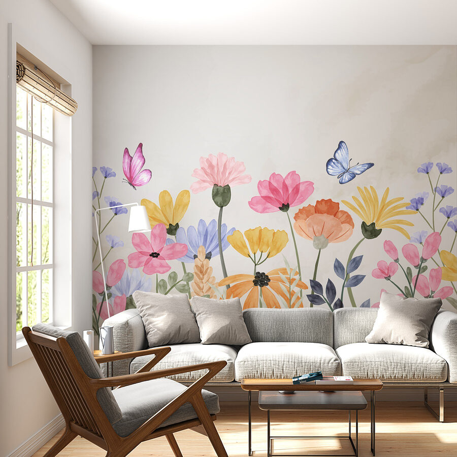 Papel de parede Pintura de flores e borboletas - Image 2