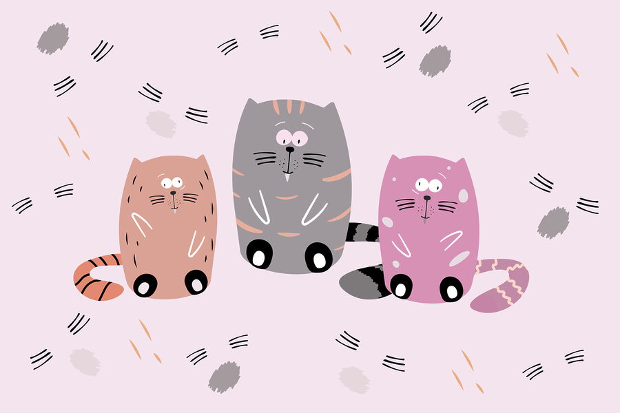 Grupo de gatos sentados numa superfície cor-de-rosa
