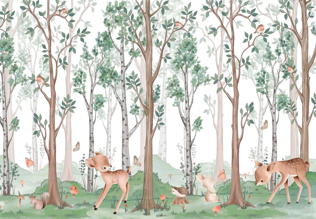 Papel de parede com uma floresta de árvores e animais Papel de parede com uma floresta de árvores e animais