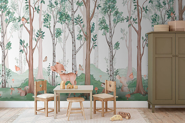 Papel de parede com uma floresta de árvores e animais Papel de parede com uma floresta de árvores e animais