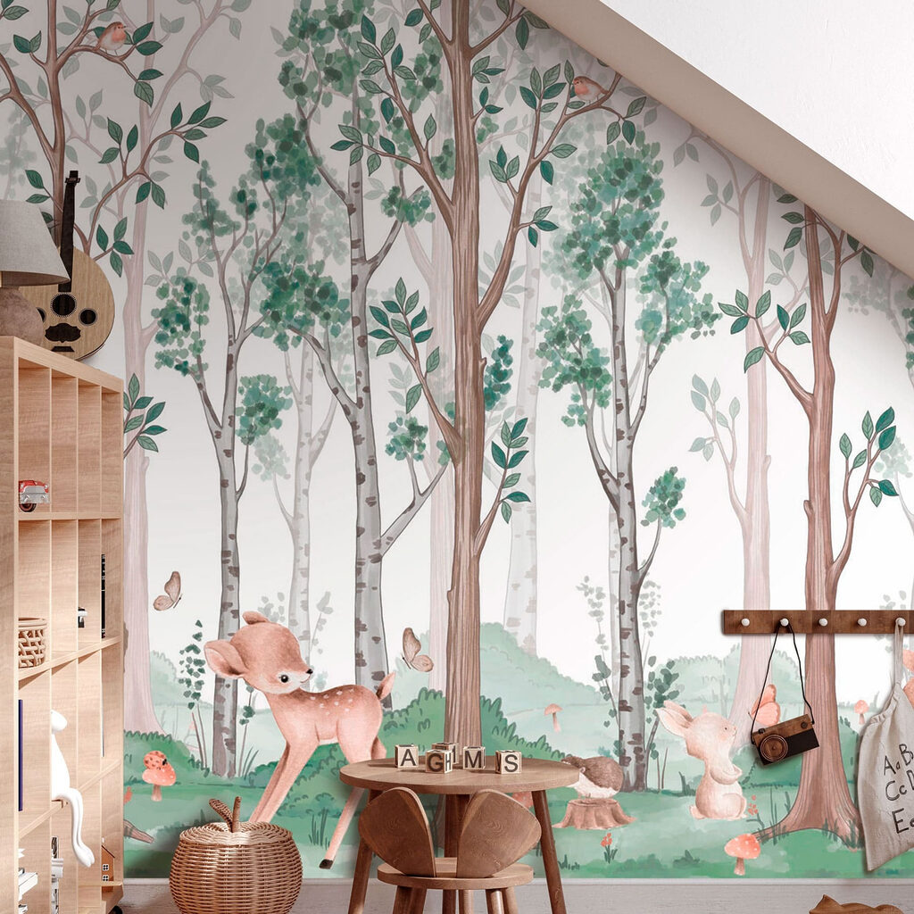 Wallpaper with a forest of trees and animals Wallpaper with a forest of trees and animals