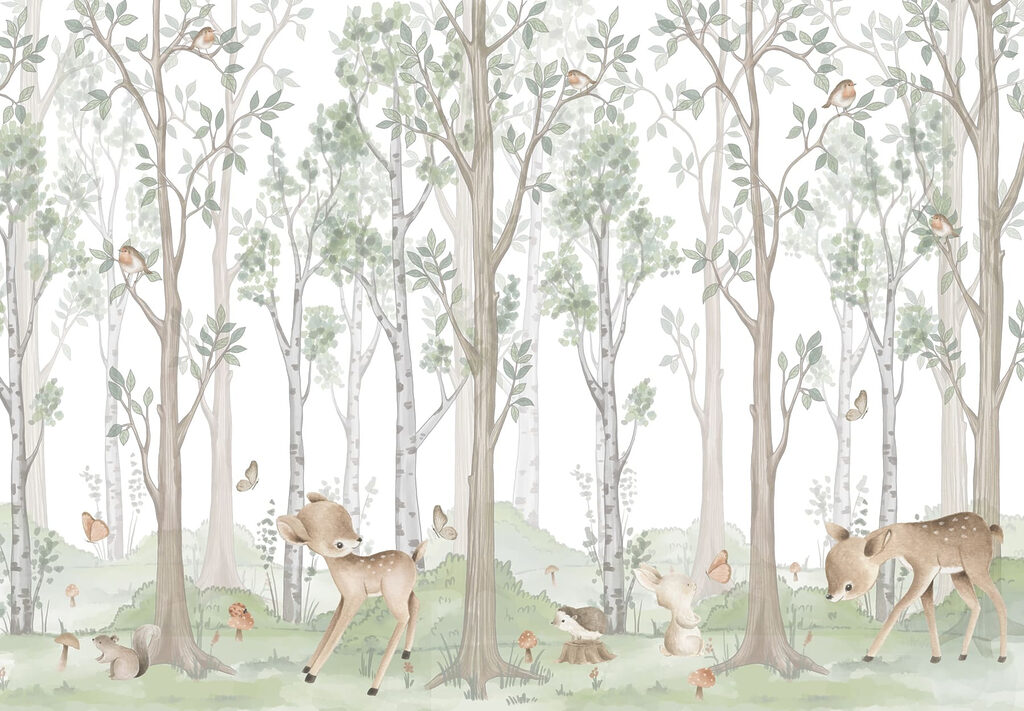 Papel de parede com uma floresta de árvores e animais Papel de parede com uma floresta de árvores e animais
