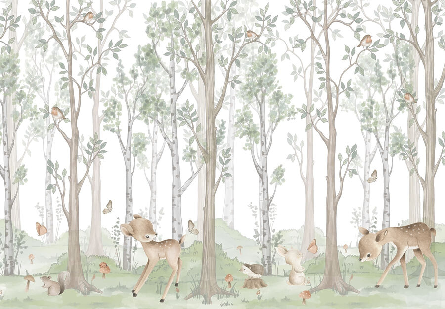 Papel de parede com uma floresta de árvores e animais