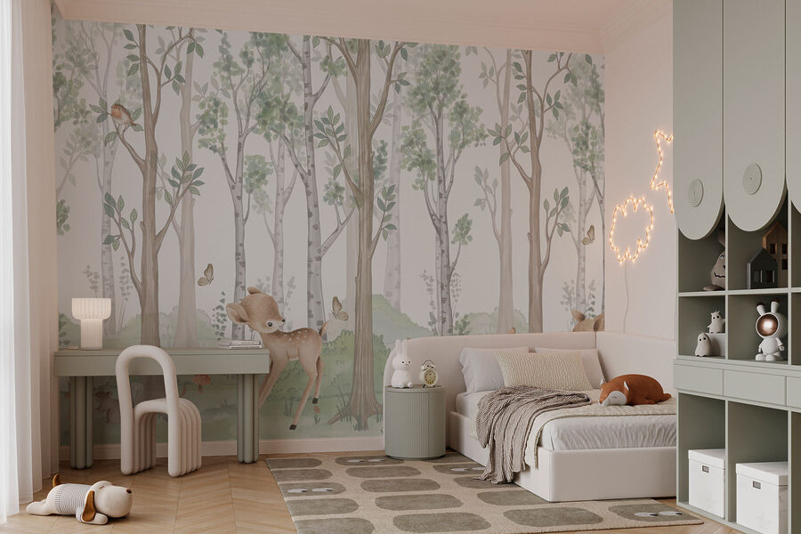 Papel de parede com uma floresta de árvores e animais