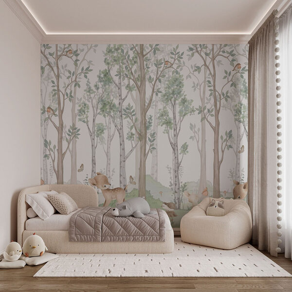 Papel de parede com uma floresta de árvores e animais Papel de parede com uma floresta de árvores e animais