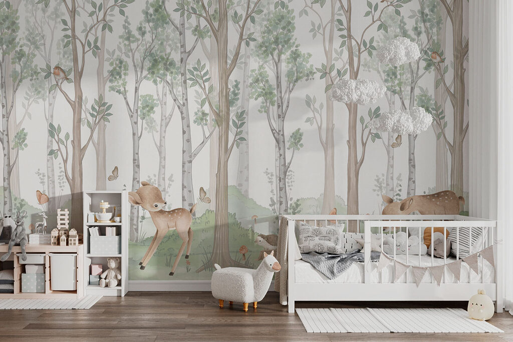 Wallpaper with a forest of trees and animals Wallpaper with a forest of trees and animals