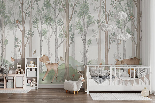 Papel de parede com uma floresta de árvores e animais Papel de parede com uma floresta de árvores e animais