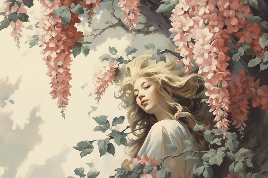 Mulher numa árvore com flores Mulher numa árvore com flores
