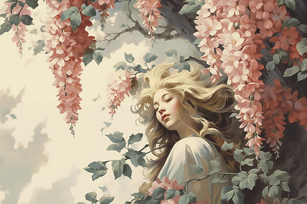 Mulher numa árvore com flores Mulher numa árvore com flores