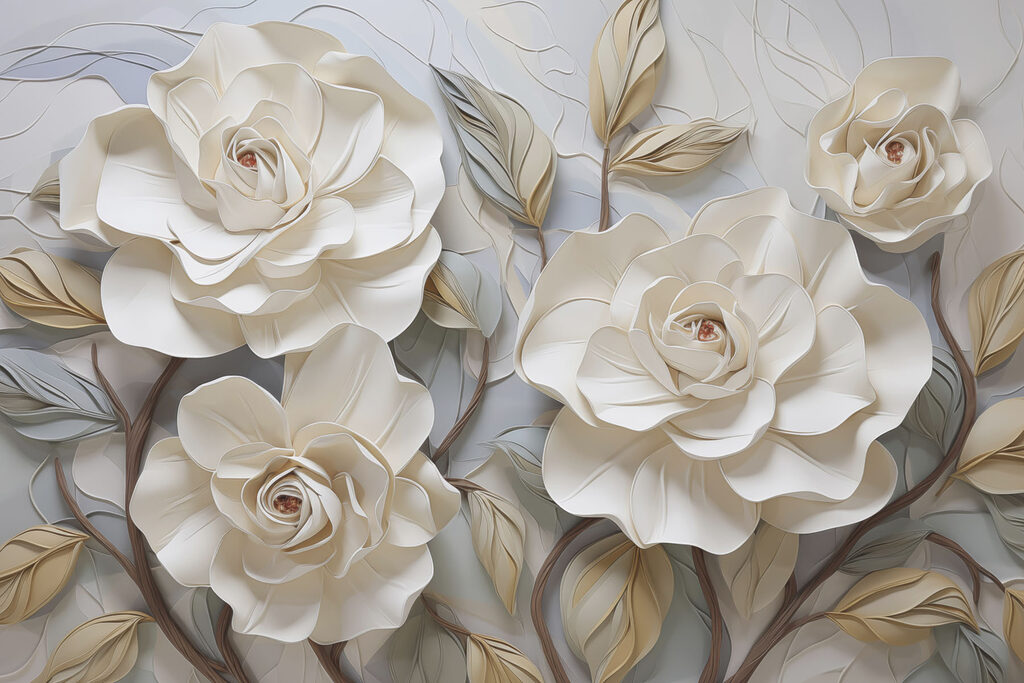 Flores e folhas brancas sobre uma superfície branca Flores e folhas brancas sobre uma superfície branca