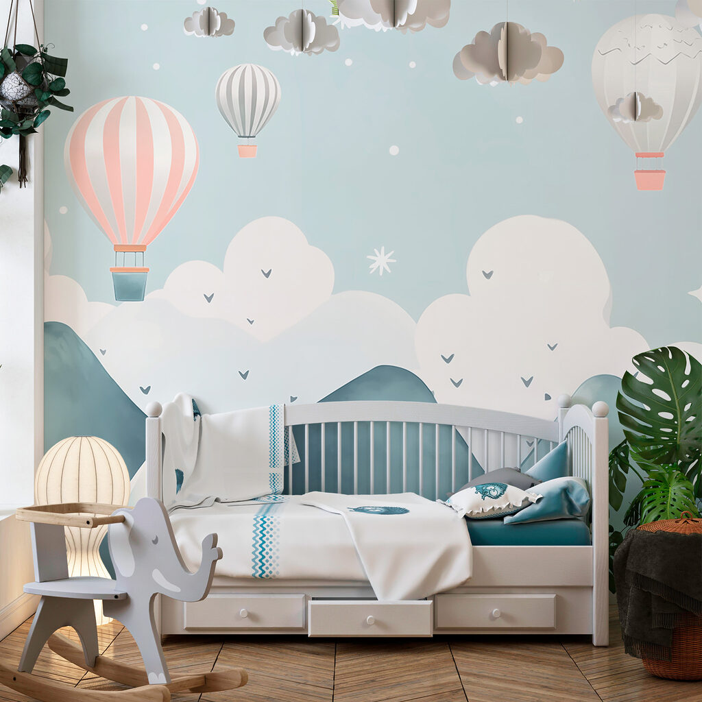 Hot air balloons flying over mountains