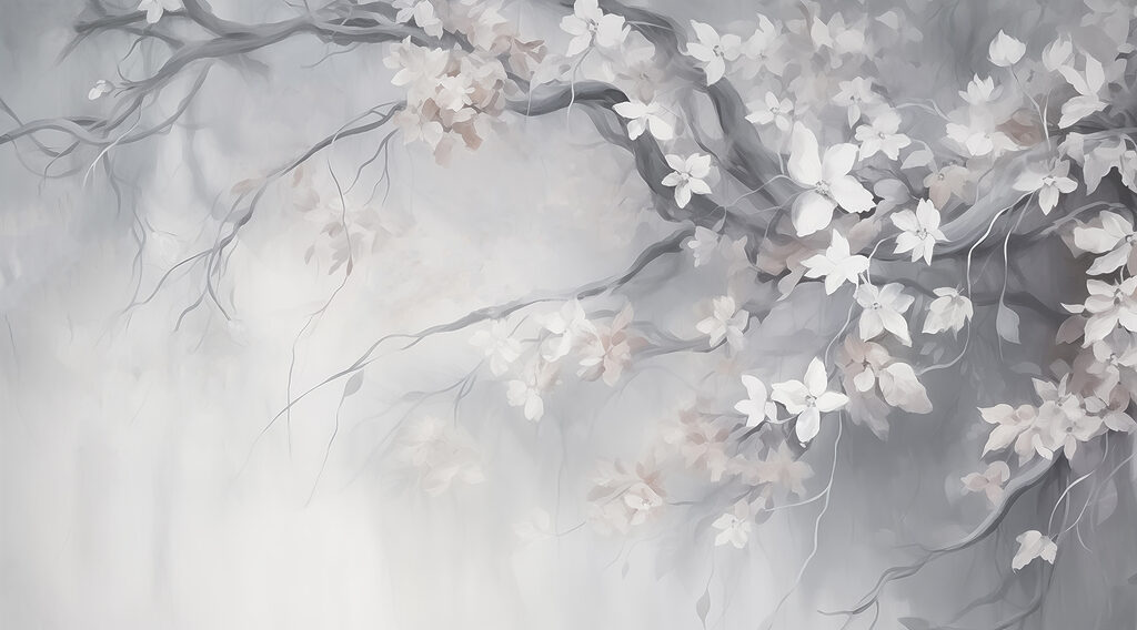Pintura de uma árvore com flores brancas Pintura de uma árvore com flores brancas