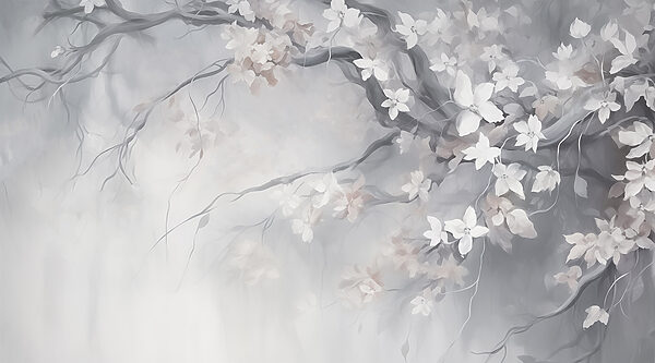 Pintura de uma árvore com flores brancas Pintura de uma árvore com flores brancas