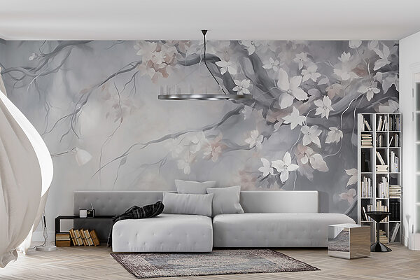 Pintura de uma árvore com flores brancas Pintura de uma árvore com flores brancas