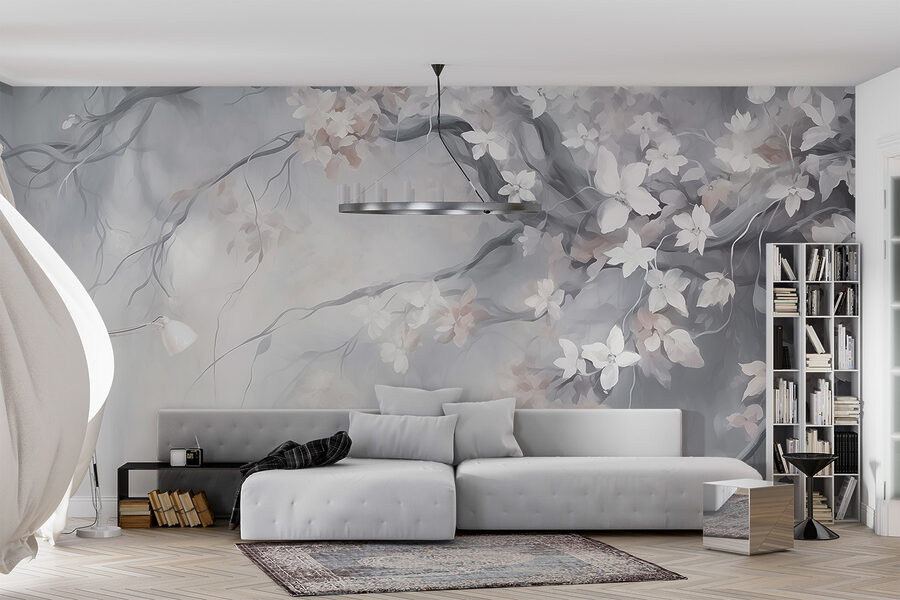 Pintura de uma árvore com flores brancas