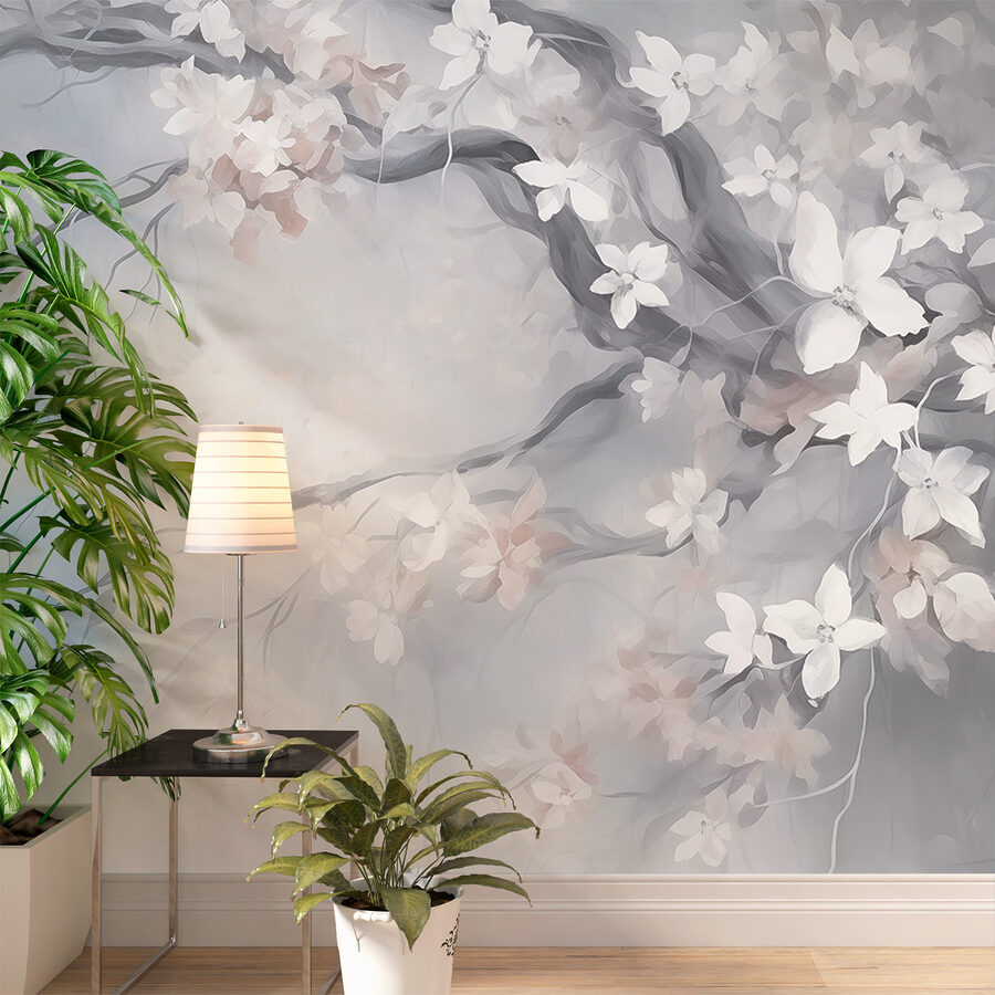 Pintura de uma árvore com flores brancas