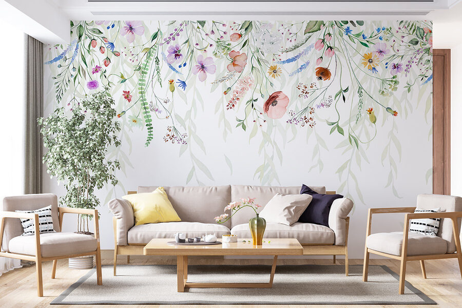Pintura a aguarela de flores e folhas