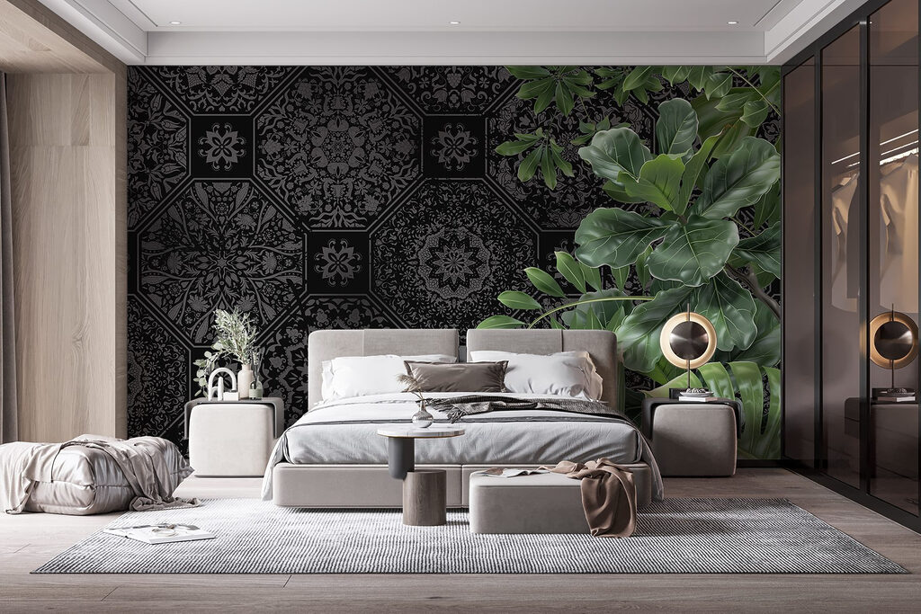 Black and grey wallpaper with green leaves Black and grey wallpaper with green leaves