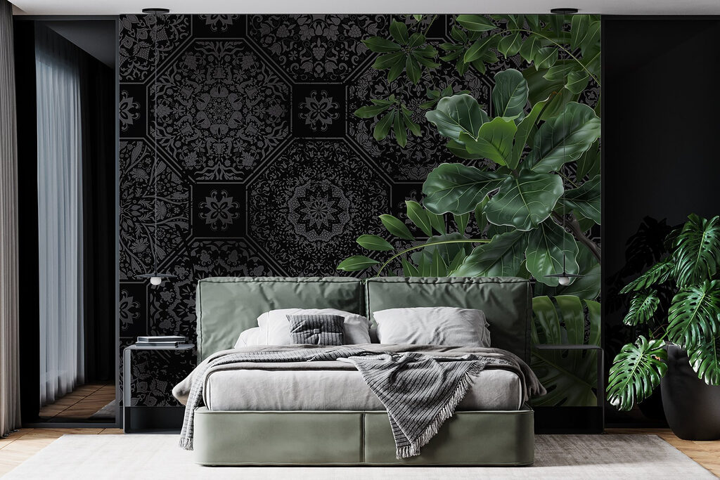Black and grey wallpaper with green leaves Black and grey wallpaper with green leaves