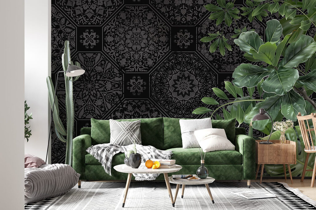 Black and grey wallpaper with green leaves Black and grey wallpaper with green leaves
