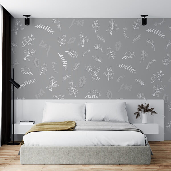 Fundo cinzento com flores e folhas brancas Fundo cinzento com flores e folhas brancas