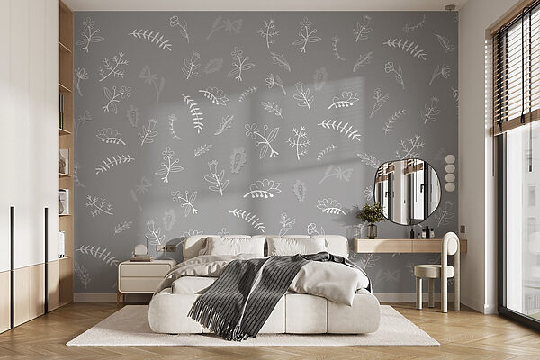 Fundo cinzento com flores e folhas brancas Fundo cinzento com flores e folhas brancas