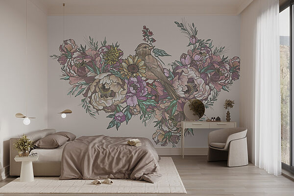 Papel de parede Pássaro sentado num ramo de flores (REF: w02833) Papel de parede Papel de parede Pássaro sentado num ramo de flores (REF: w02833)