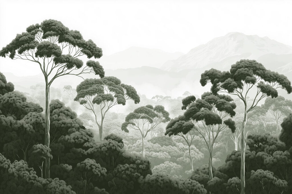 Floresta com árvores e montanhas ao fundo Floresta com árvores e montanhas ao fundo