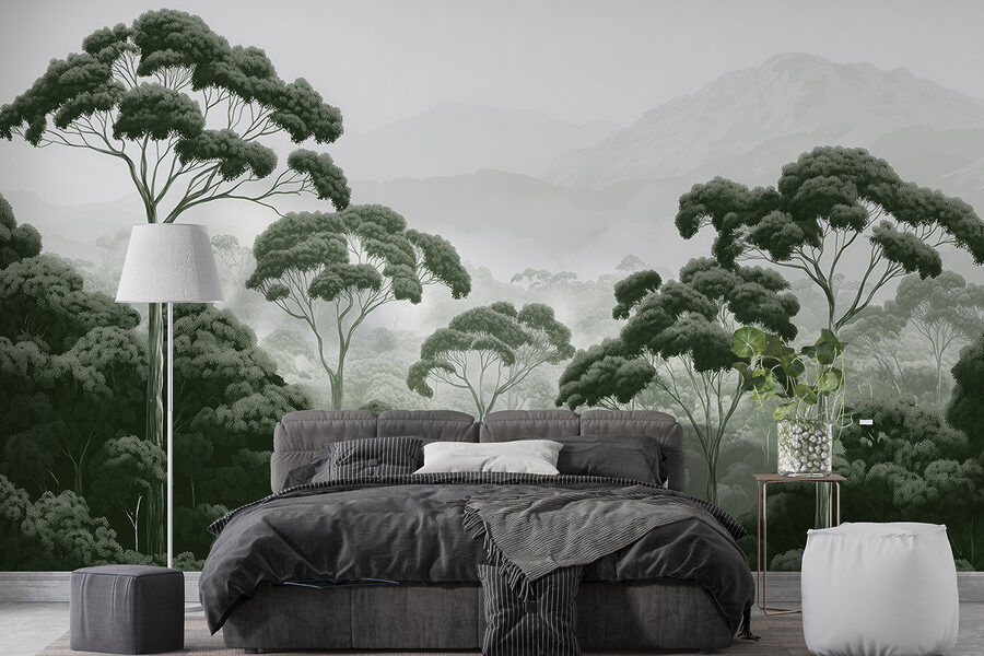 Papel de parede Floresta com árvores e montanhas ao fundo