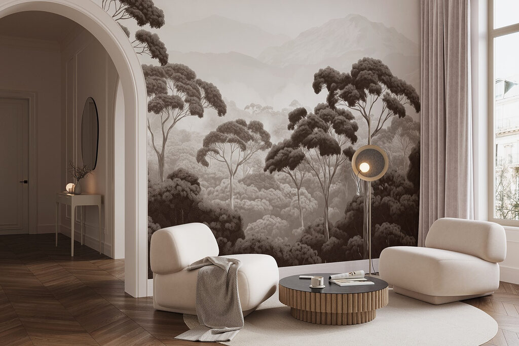 Forest with trees and mountains in the background