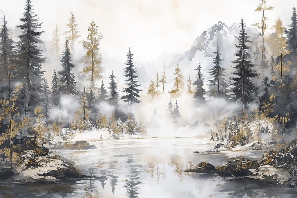 Pintura a aguarela de uma floresta e montanhas Pintura a aguarela de uma floresta e montanhas
