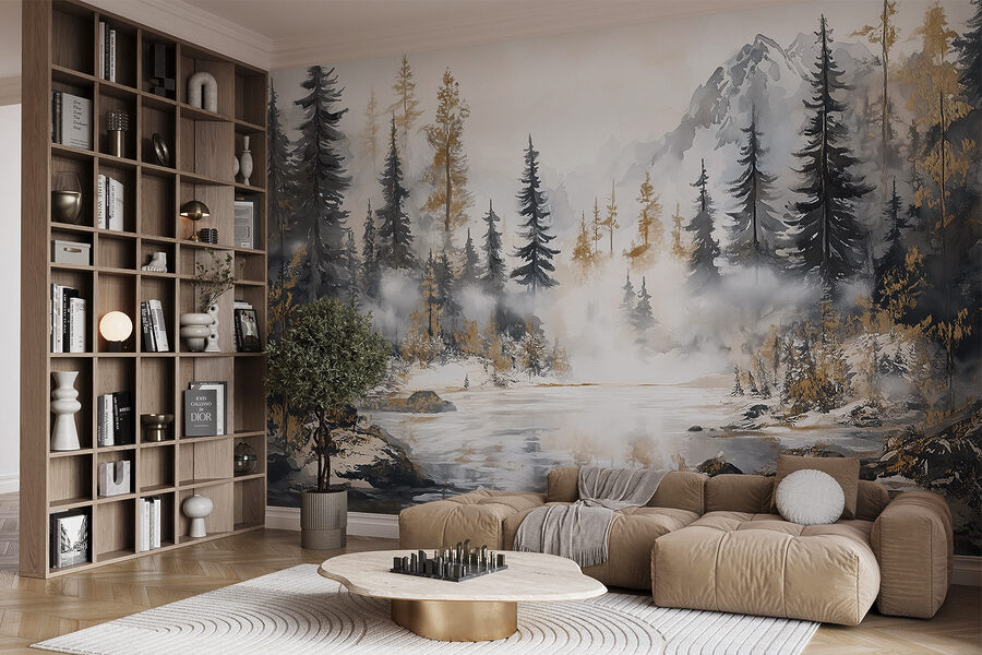 Pintura a aguarela de uma floresta e montanhas