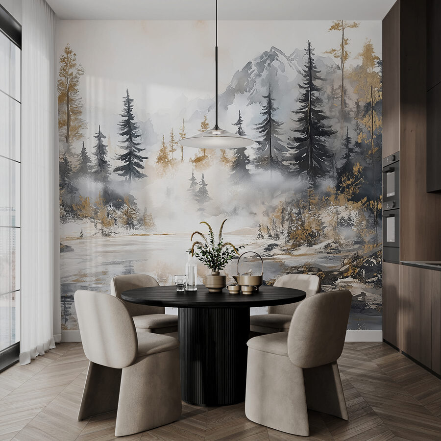 Pintura a aguarela de uma floresta e montanhas