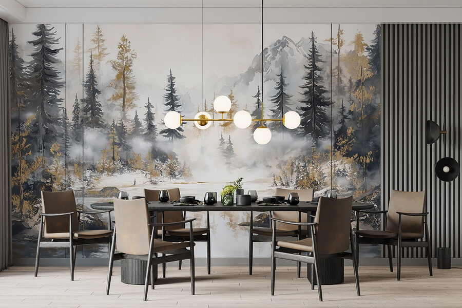 Pintura a aguarela de uma floresta e montanhas