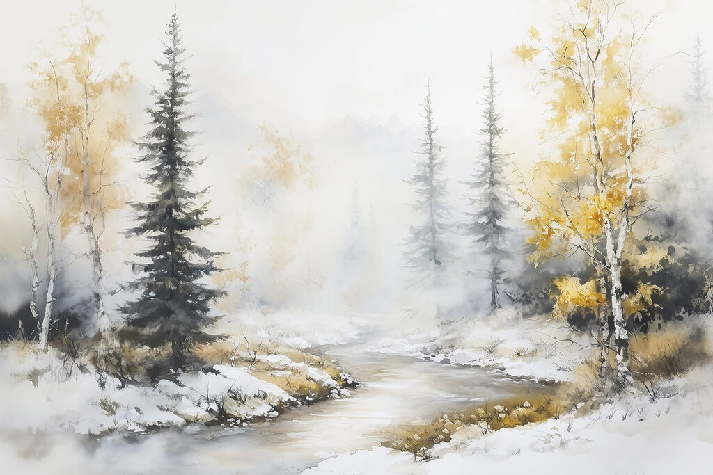 Pintura a aguarela de um rio com árvores e neve Pintura a aguarela de um rio com árvores e neve