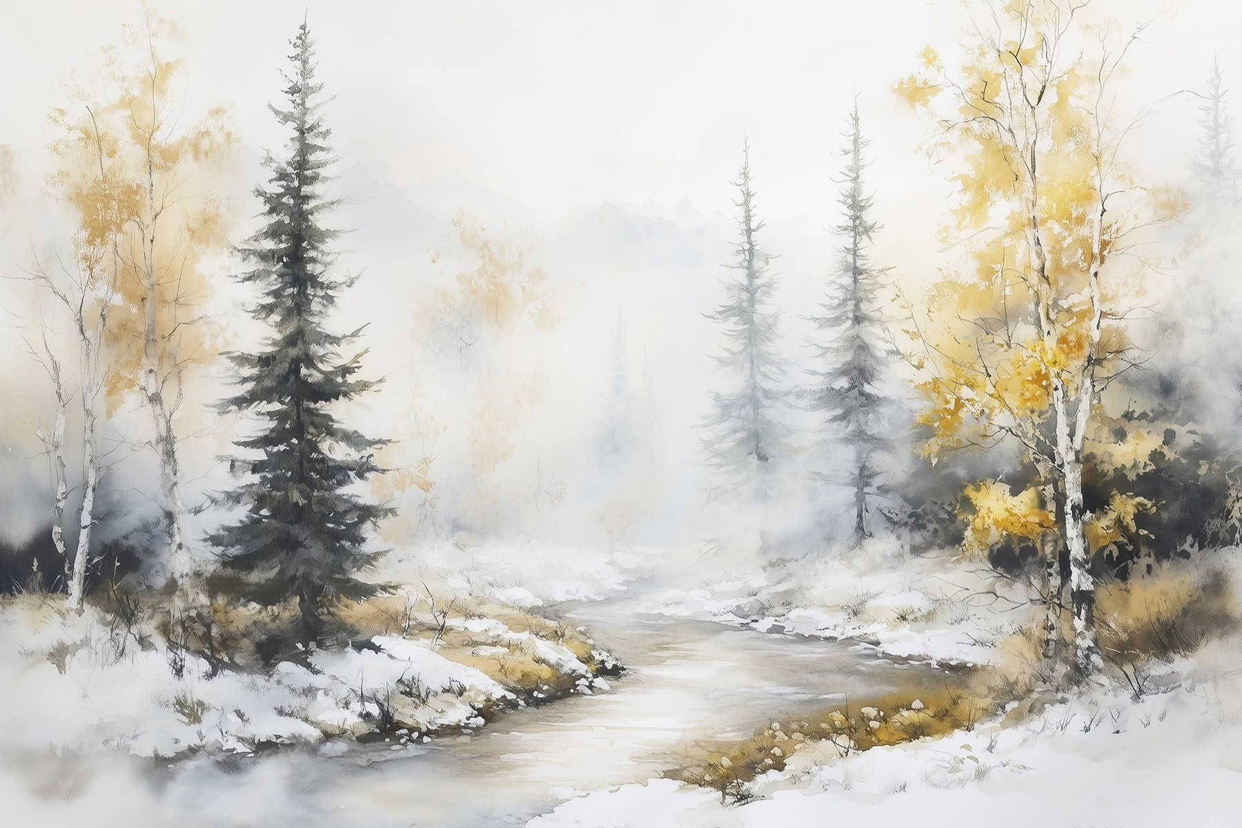 Watercolor painting of a river with trees and snow