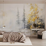 Papel de parede Pintura a aguarela de um rio com árvores e neve