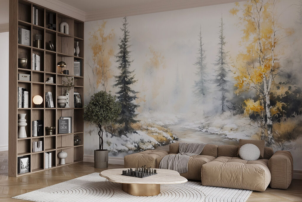 Watercolor painting of a river with trees and snow