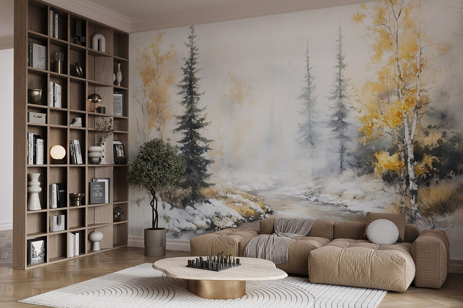 Pintura a aguarela de um rio com árvores e neve Pintura a aguarela de um rio com árvores e neve