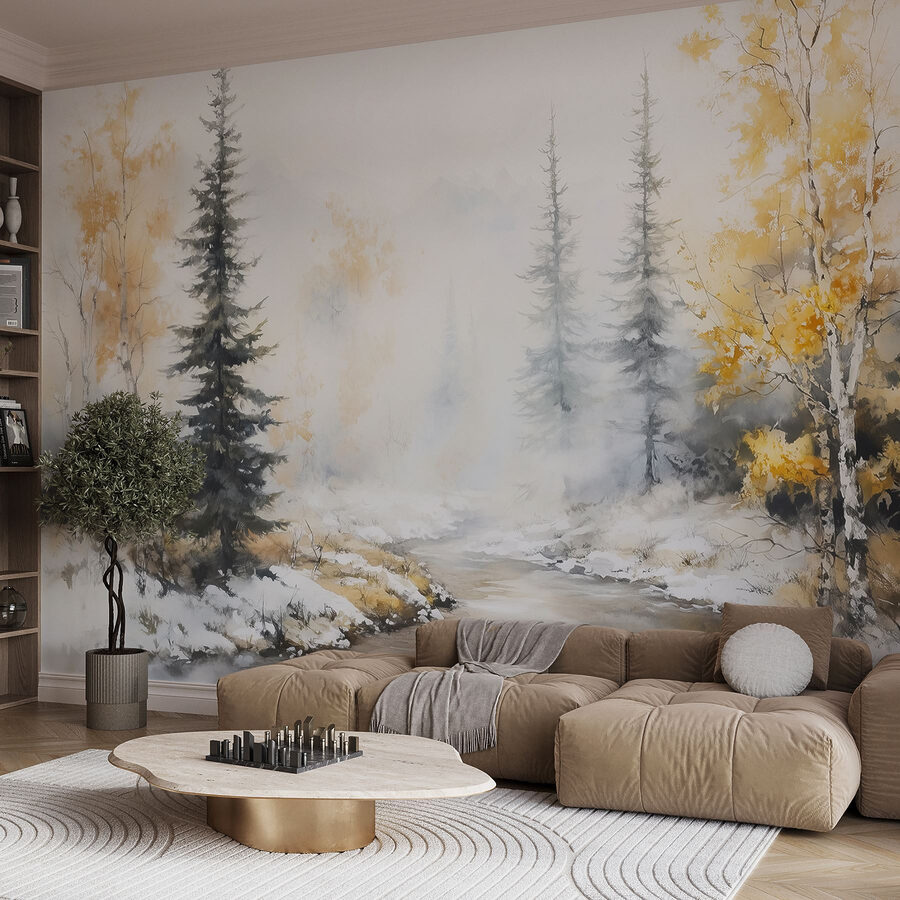 Pintura a aguarela de um rio com árvores e neve Pintura a aguarela de um rio com árvores e neve