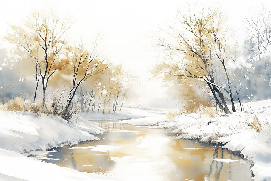 Rio com neve e árvores