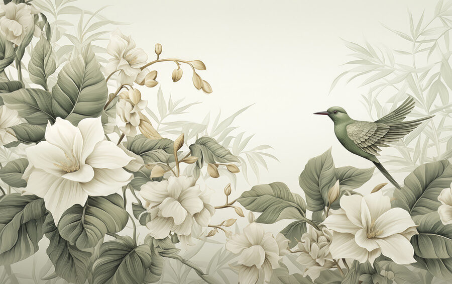 Pássaro num ramo com flores