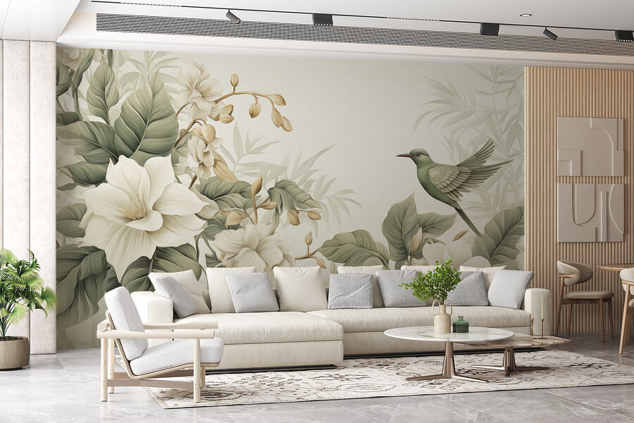 Pássaro num ramo com flores