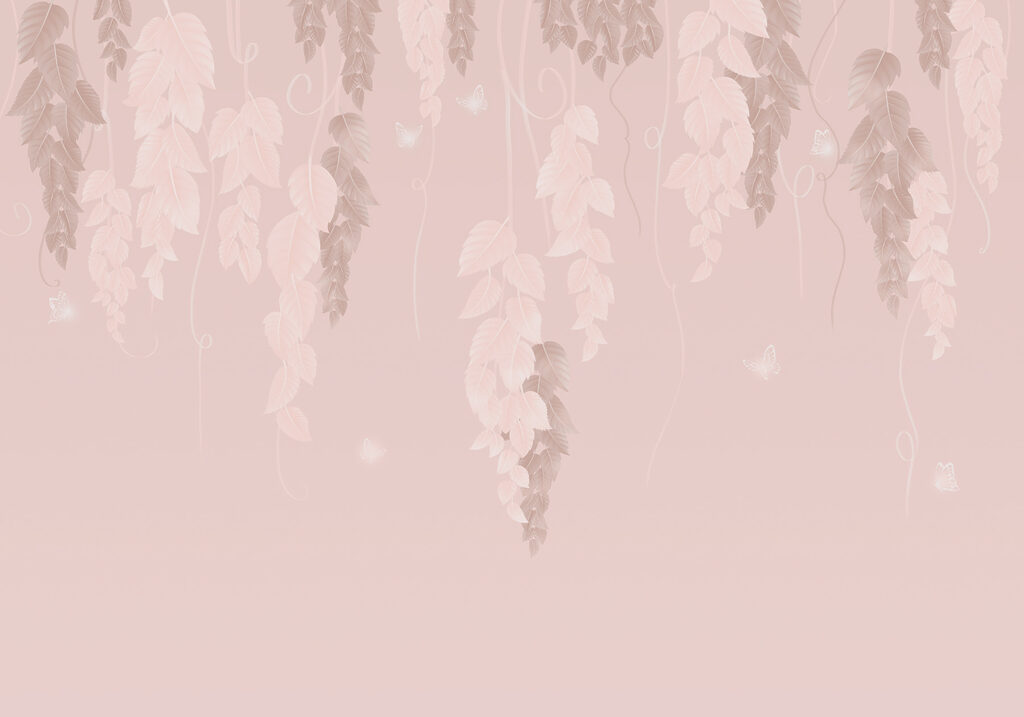 Fundo cor-de-rosa e branco com folhas e borboletas Fundo cor-de-rosa e branco com folhas e borboletas